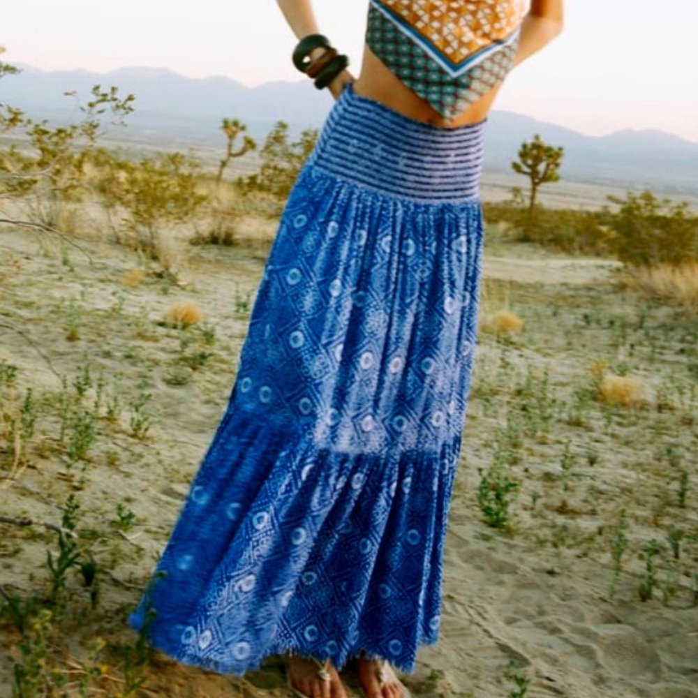 ZARA Indigo Batik Cotton Maxi Tiered Skirt Sz S